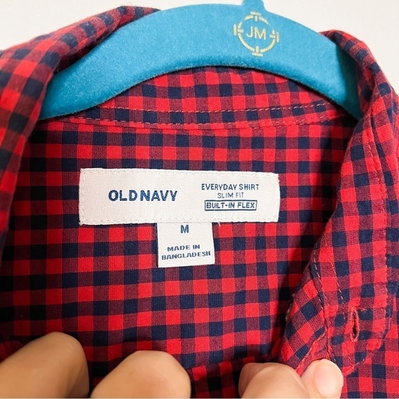 Old Navy Red Navy Gingham Plaid Everyday Slim Fit Built in Flex Dress Shirt Med - Picture 4 of 6